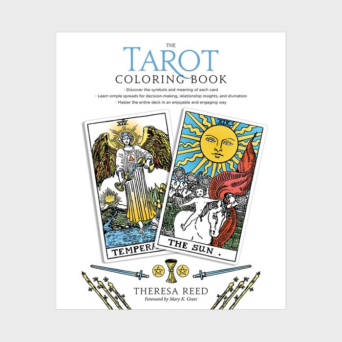 Two Tarot cards, Temperance and The Sun, displayed prominently on a coloring book cover, surrounded by additional Tarot imagery and book text.