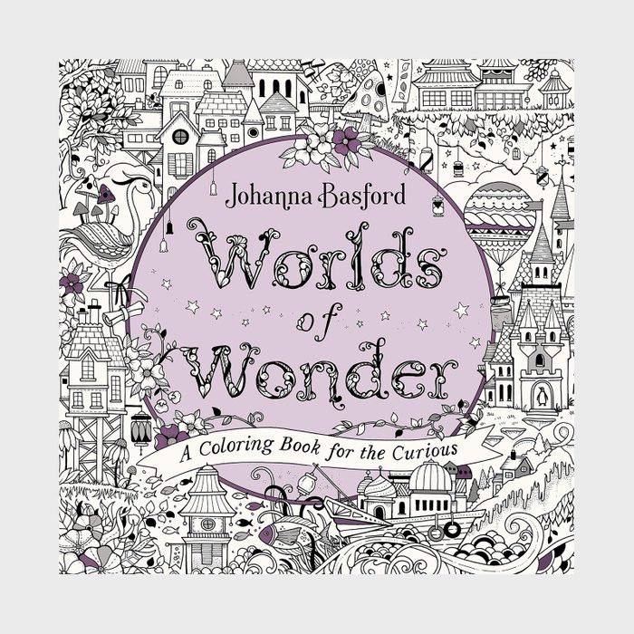 Coloring book cover displays whimsical buildings, intricate patterns, and a banner. Text: 