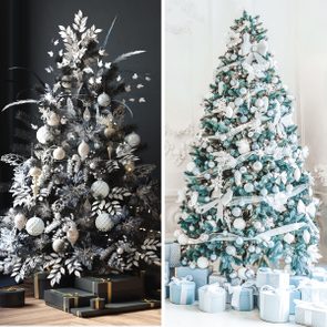 Christmas trees adorned with silver and white ornaments stand in elegant settings, with dark and light backgrounds, surrounded by gifts.
