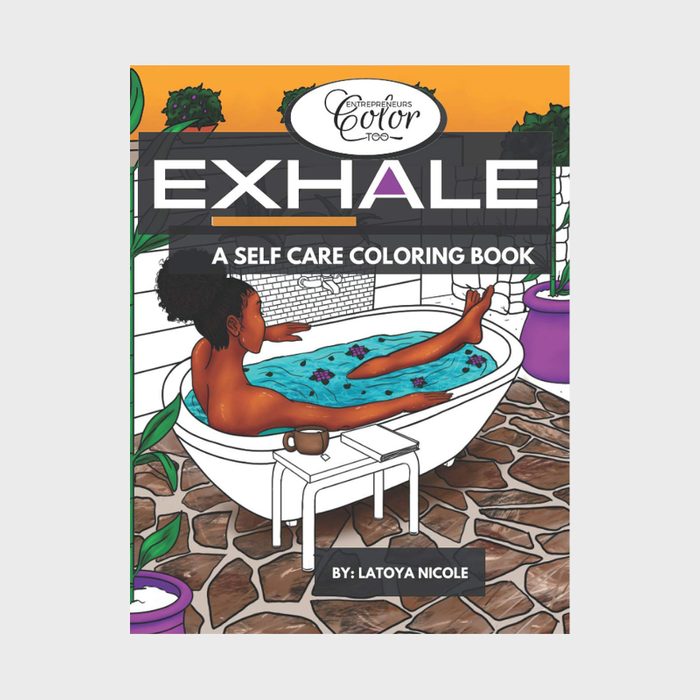 Woman relaxes in a bathtub, surrounded by plants and stone tiles. Mug and book on nearby table. Cover text: 