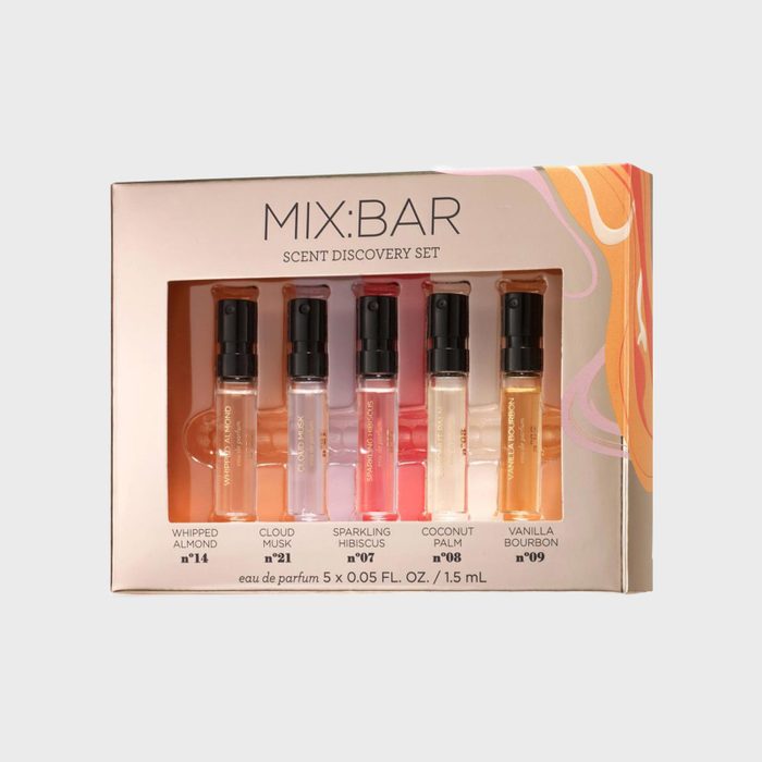 Perfume vials are arranged in a box labeled 