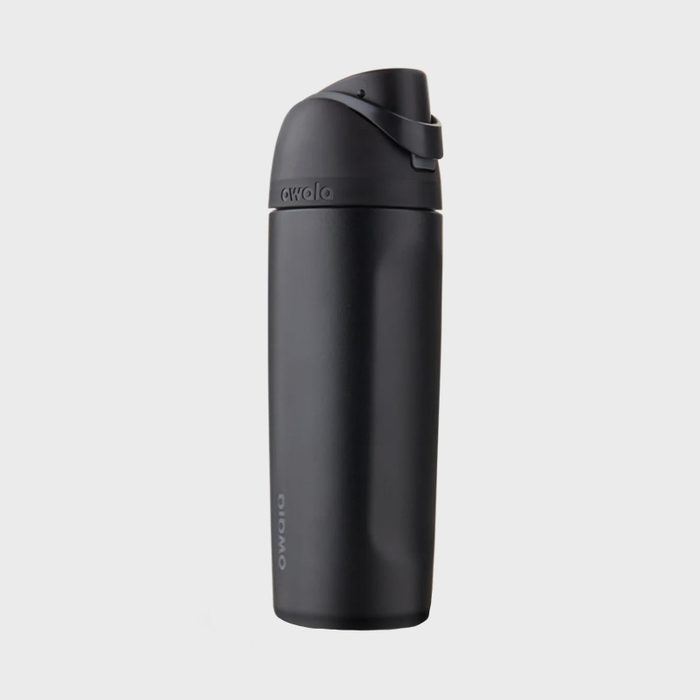 Black water bottle stands upright against a white background, featuring a lid with a flip-up straw. Text reads 