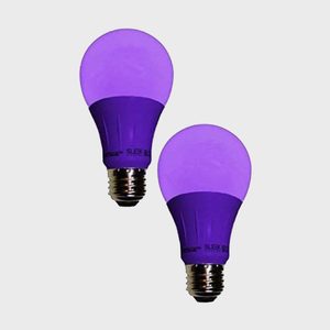 Two purple light bulbs are positioned upright against a plain gray background.