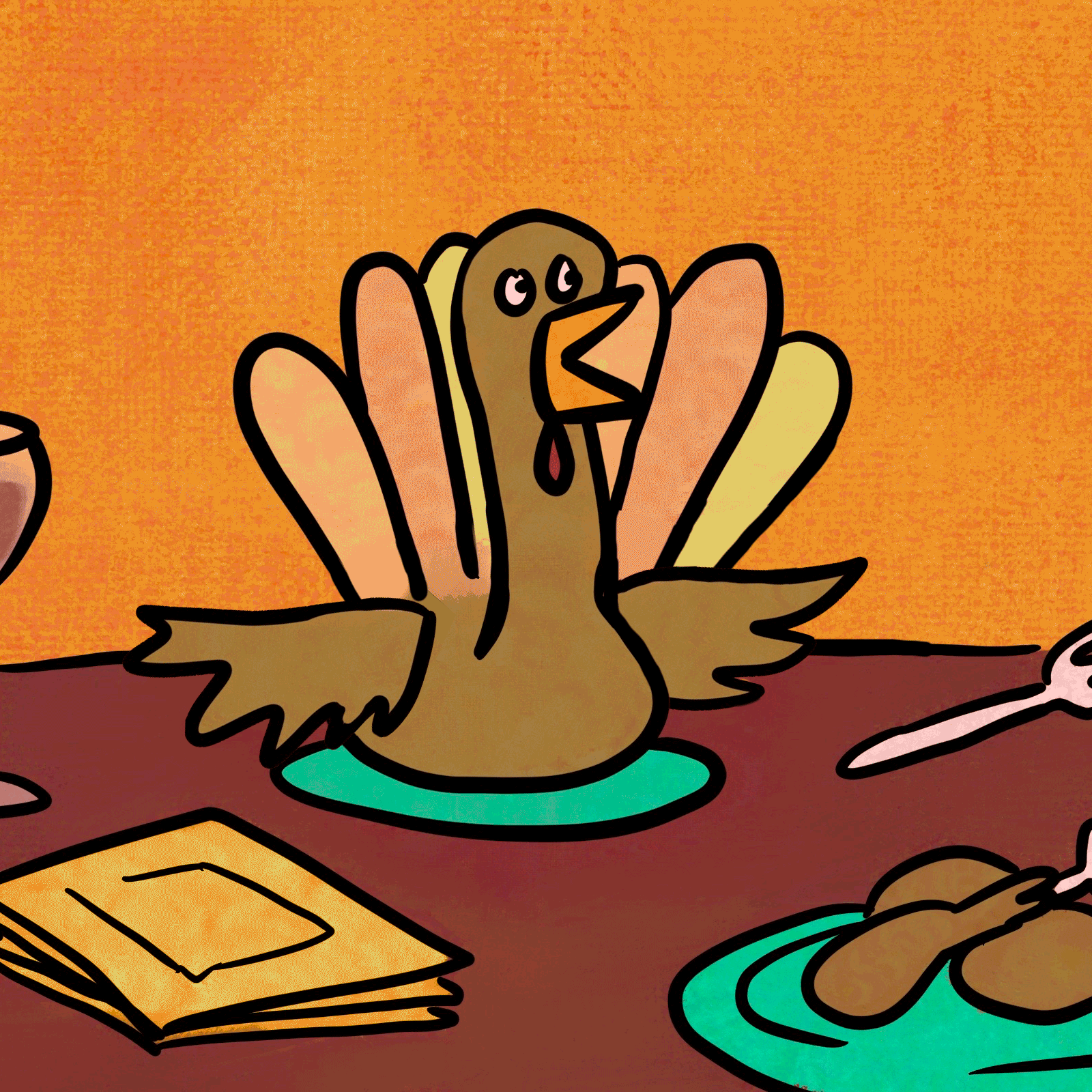 Cartoon turkey, cartoonishly shouts, surrounded by autumn-themed objects on a warm-toned table setting.