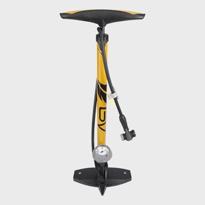 Yellow floor pump stands upright, attached hose neatly coiled. Pressure gauge visible on the base. Simple, clean white background.