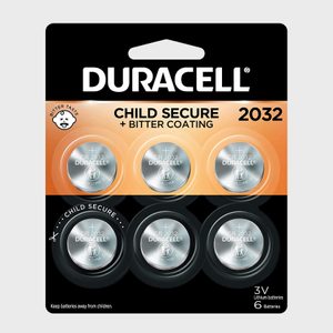 Batteries packaged securely; display shows six CR 2032 lithium batteries with child-resistant, bitter-tasting coating; 