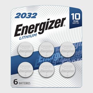 Six CR2032 lithium batteries packaged on a branded card, labeled 