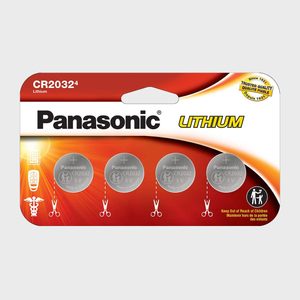 Four Panasonic lithium batteries in packaging, labeled 