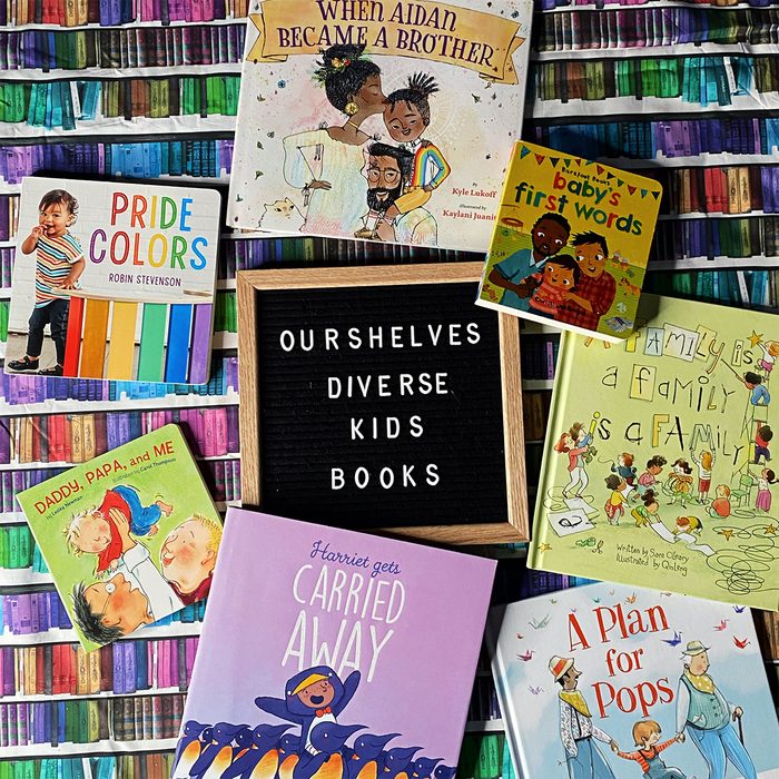 Books surround a letter board displaying â€œOUR SHELVES DIVERSE KIDS BOOKSâ€ against a colorful bookshelf-patterned background. Each book showcases diverse themes.