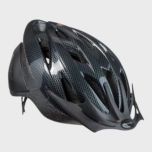 Helmet resting, displaying sleek black design with aerodynamic vents; placed against a plain gray background. Logo reads 