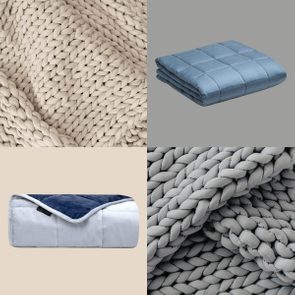 Blankets displayed in a collage: knit texture in beige and gray, quilted blue blanket folded, and rolled light blue blanket with plush interior.