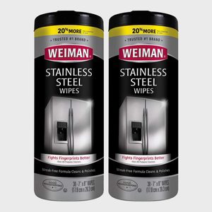 Two black canisters display stainless steel wipes; they promise to fight fingerprints and offer a streak-free cleaning solution for home appliances.