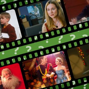Filmstrip collage showing various movie scenes, featuring children, adults, and festive settings, overlaid with question marks on a green background.