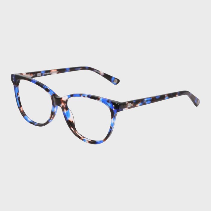 Eyeglasses with blue, brown, and clear tortoiseshell frame rest on a plain white background.