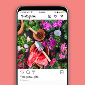 Gardening tools rest among vibrant flowers, with a trowel and red gloves inside terracotta pots. Caption reads, 