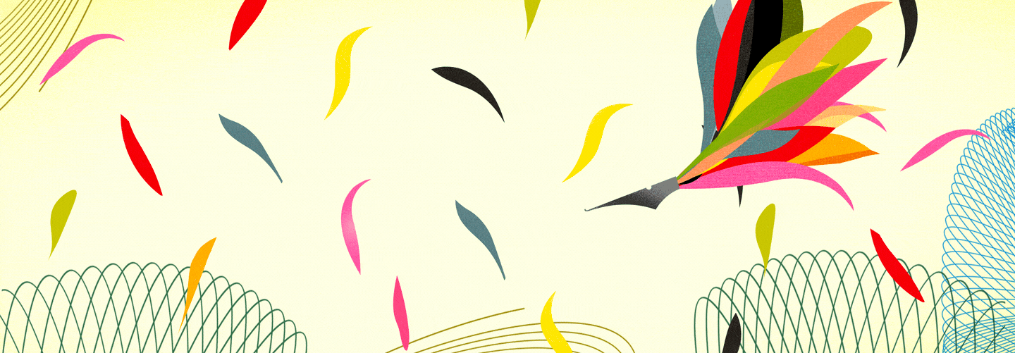 Colorful abstract shapes swirl dynamically on a light background, resembling feathers. Curved, overlapping lines create a sense of movement and rhythm.