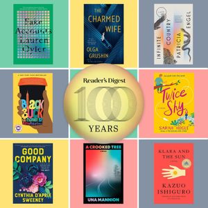 Book covers arranged around a central 