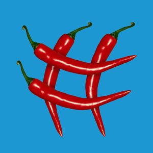Four red chili peppers forming a hashtag shape against a solid blue background.
