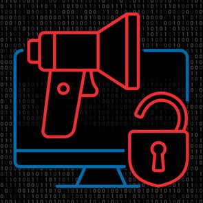 A megaphone overlays a computer monitor, accompanied by an open padlock; binary code fills the background, suggesting a cybersecurity theme.