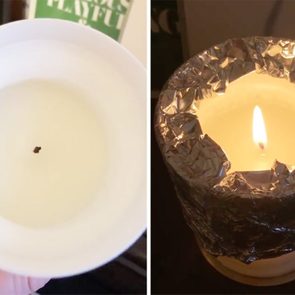 Left side: Unlit, white candle with a small burn mark. Right side: Lit candle wrapped in aluminum foil, glowing in dark surroundings.