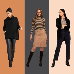 Three women model stylish outfits: knit sweater with leggings, striped top with buttoned skirt, floral blouse with cardigan and jeans, on colored backgrounds.