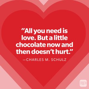 Quote appears on a red heart graphic. Text reads: â€œAll you need is love. But a little chocolate now and then doesnâ€™t hurt.â€ â€”Charles M. Schulz.
