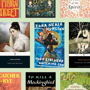 Book covers displayed in a grid, featuring classic and contemporary novels with various artistic designs and distinct typography against a light green background.