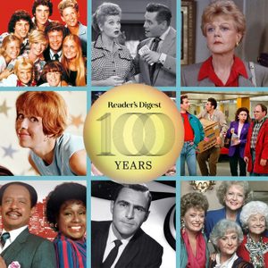 Collage of classic TV show characters celebrating 