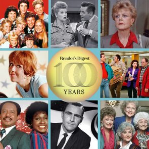 Group of diverse 20th-century TV show characters displayed in colorful and black-and-white photos around a 