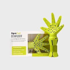 Green hand-shaped diffuser attached to a white DevaCurl Devafuser box with descriptive text and branding details.