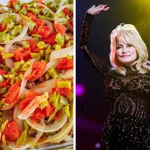 Left side: Chopped tomatoes, green peppers, onions arranged in close-up. Right side: Person wearing black outfit, raising hand on stage with bright lighting.