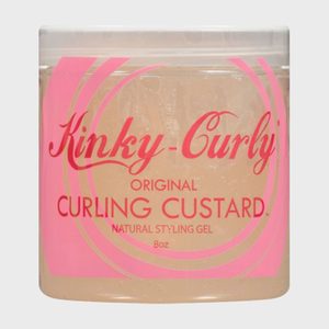 Jar containing curling custard sits unopened, labeled â€œKinky-Curly Original CURLING CUSTARD Natural Styling Gelâ€ with pink swirls on a transparent background.