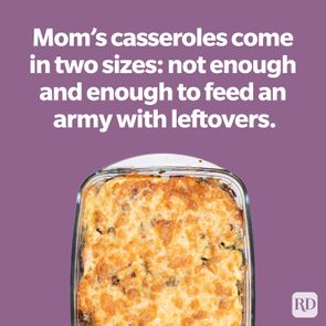 Casserole sits in glass dish; topped with melted cheese, against purple background. Text reads: 