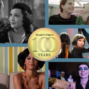 Collage showing film scenes with joyful couple, dramatic performances, and classic actress. 