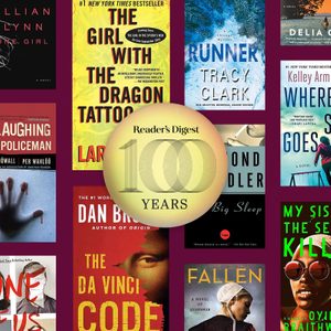 Books arranged in a grid with a circle overlay text: 