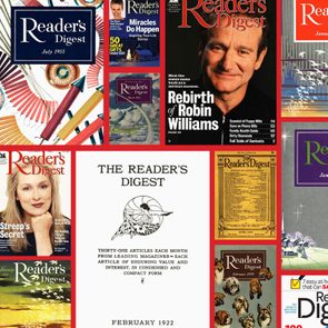 Collage showcases Reader's Digest magazine covers; years and themes vary, including 