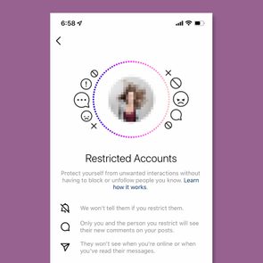 Profile image encircled by icons, illustrating account restriction with text explaining privacy features on a smartphone screen, against a purple background.