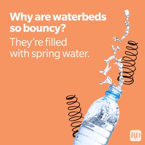 Water bottle ejects water while surrounded by black springs; text reads, â€œWhy are waterbeds so bouncy? Theyâ€™re filled with spring water.â€