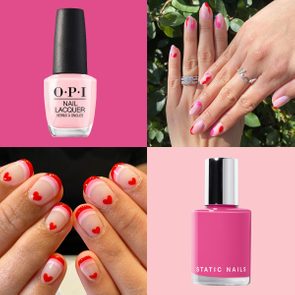 Nail polish bottles sit against colored backgrounds; hands display creative manicures featuring pinks and reds with heart designs, surrounded by greenery. Text reads 