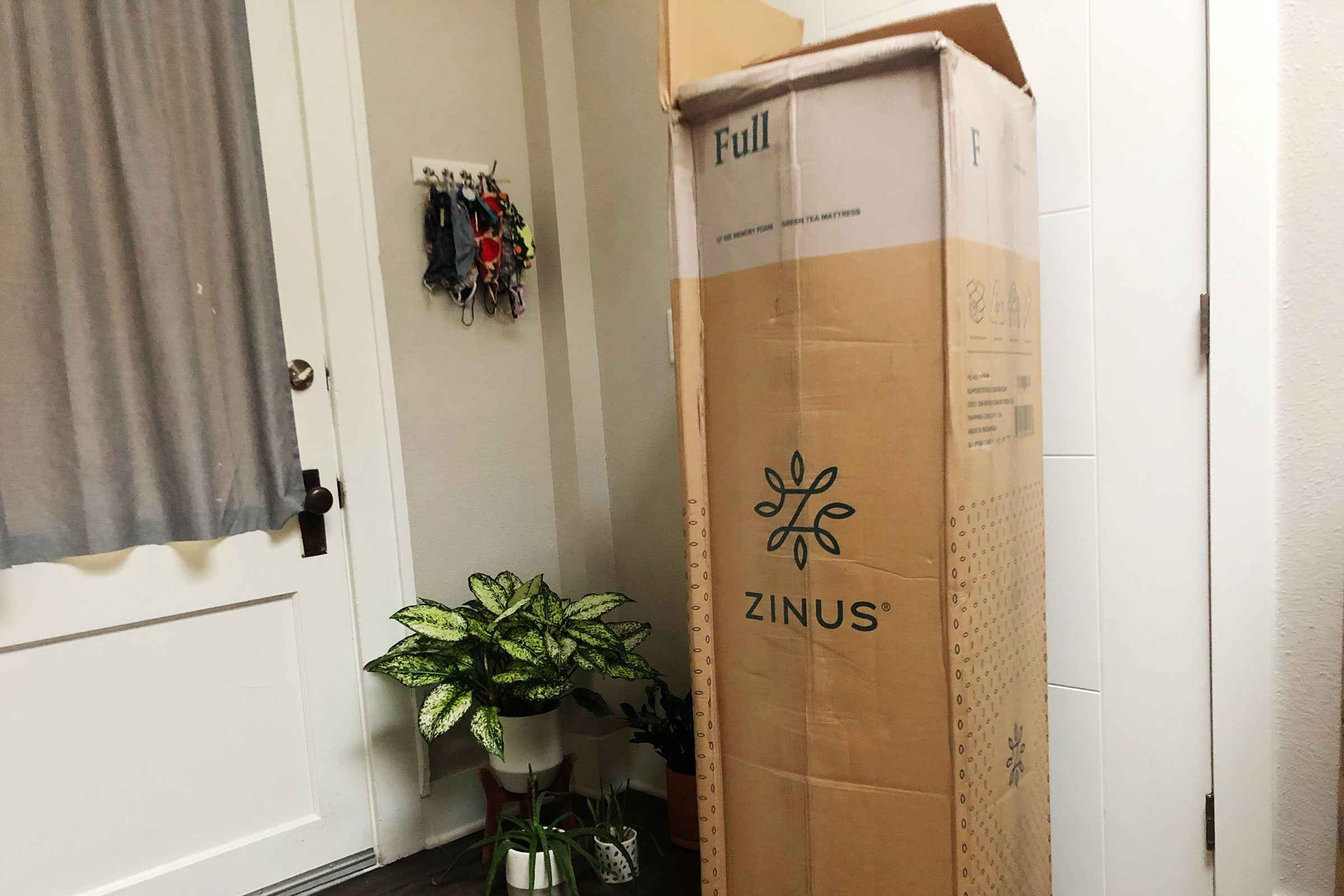 A tall Zinus box labeled "Full" stands unopened in a hallway with potted plants, near a door with hanging keys and masks.