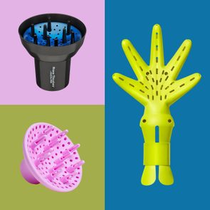 Hairdryer attachments displayed; a black circular diffuser on pink, a green hand-shaped diffuser on blue, and a pink spiked diffuser on green.