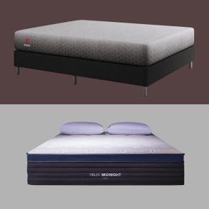 Two mattresses with brand names; top mattress labeled 