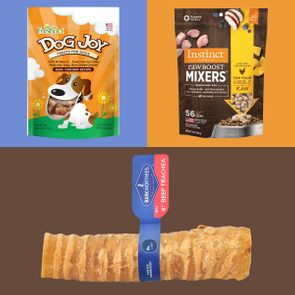 Three dog treat packages displayed against colorful backgrounds; includes Freshpet treats, Instinct raw mixers, and a Barkworthies six-inch beef trachea treat.