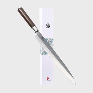 A large chef's knife with a wooden handle rests on a decorative box, featuring intricate designs and Japanese text.