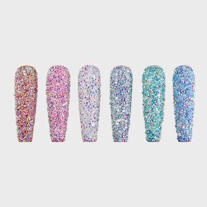 Six multicolored glittery nail accessories are displayed in a row against a plain white background, showcasing vibrant, sparkling designs.