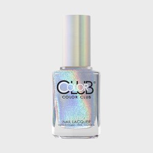 Nail polish bottle displays iridescent colors, resting against a plain light gray background. Text reads 