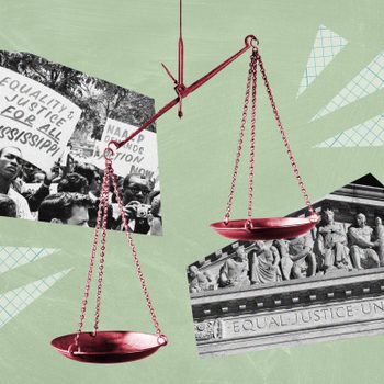 Scales balance amidst protest images and architectural detail; signs read "Equality & Justice for All in Mississippi" and "NAACP Demands Action Now."