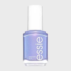 A bottle of pale purple nail polish stands upright against a plain gray background, labeled 