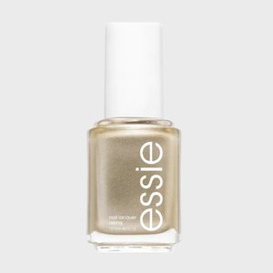 A gold nail polish bottle labeled 