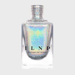 Holographic nail polish bottle displays iridescent colors, standing upright against a plain light gray background. Text reads: 